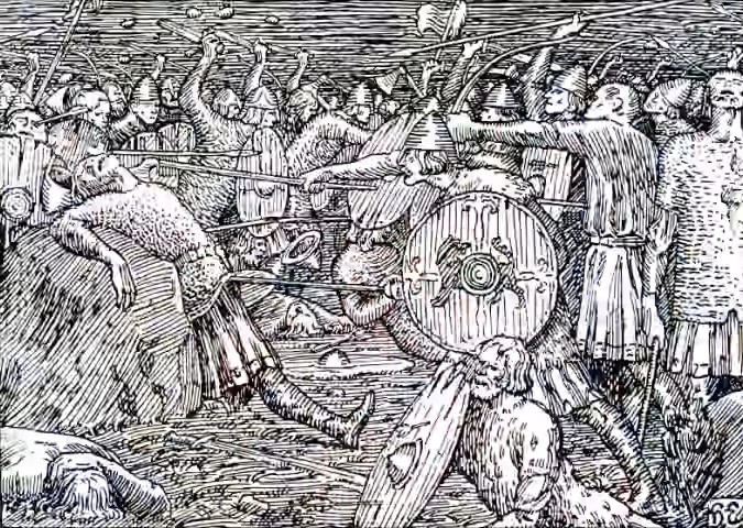 King Olaf 'the sacred' being killed by a Norwegian peasant army, for trying to Christianize Norway.