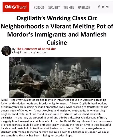 Osgiliath's Working Class Orc Neighborhoods a Vibrant Melting Pot of Mordor's Immigrants and Manflesh Cuisine.